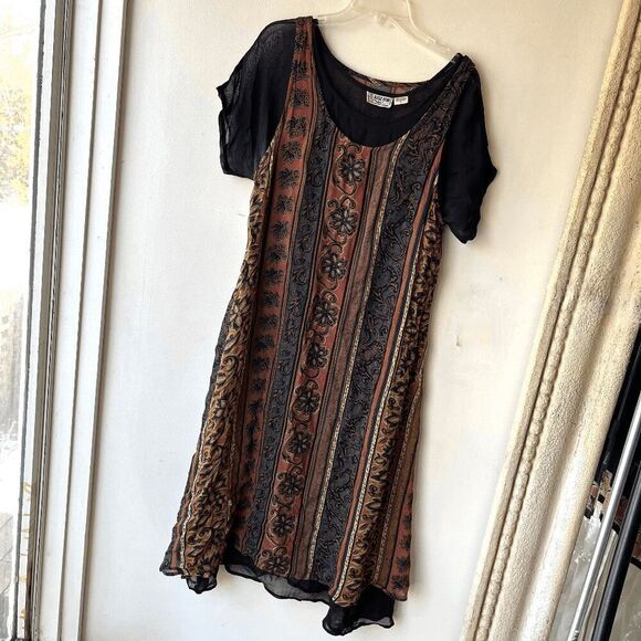 Vintage 90s Kloz Lyne India Boho Dress Black Sheer Sleeves Festival Grunge L - Picture 2 of 11